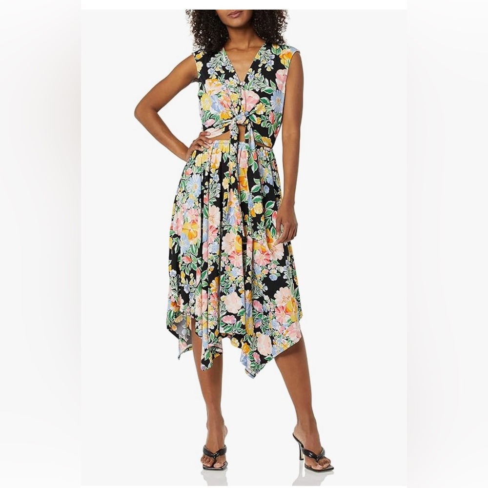 BCBGMAXAZRIA Fit&Flare Short Cap Sleeve Asymmetrical Midi  Garden Multi NWT